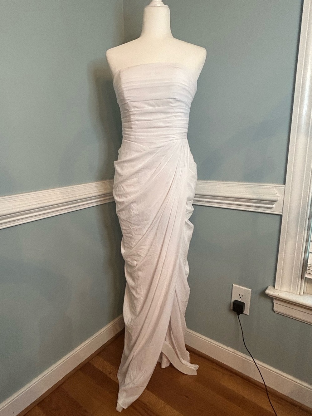 Strapless Ruched White Evening Gown